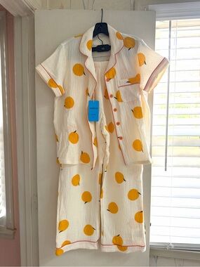 Women’s Cream Short-Sleeve Pajama Set with Yellow Fruit Print